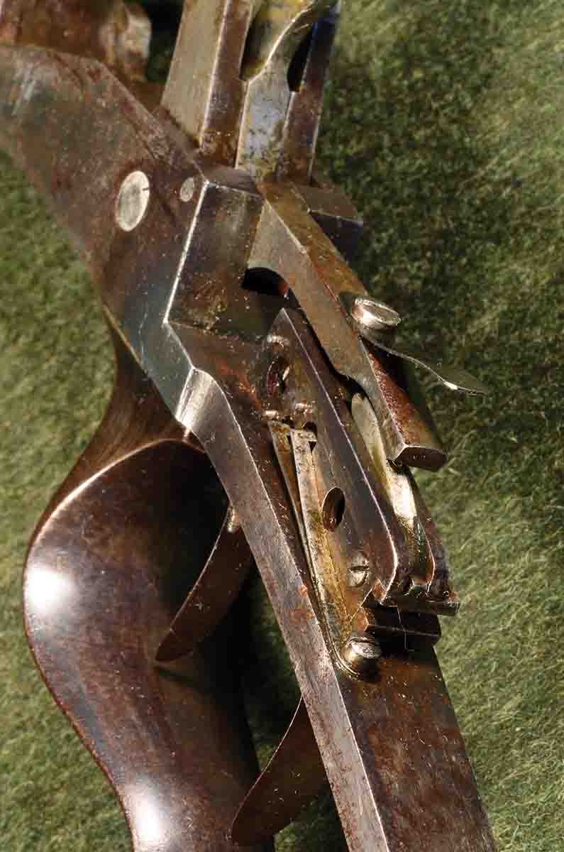 A set trigger from a German Schützen rifle. Most, if not all, such triggers were made by hand, by set-trigger specialists. Typically, a set trigger is mounted on a removable plate for ease of cleaning and adjustment.